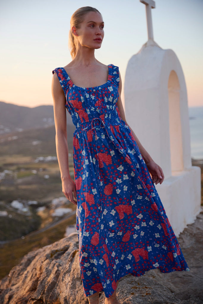 Sleeveless Tiered Maxi Floral Cotton Dress, Fleur Blue, Small