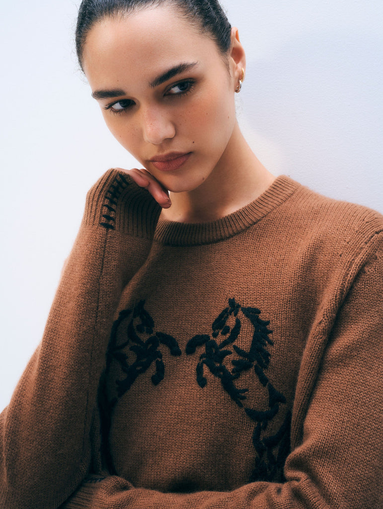 Cashmere Blend Horse Embroidered Crewneck