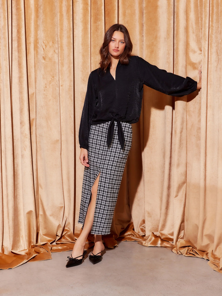 Elyce Houndstooth Front Slit Midi Skirt
