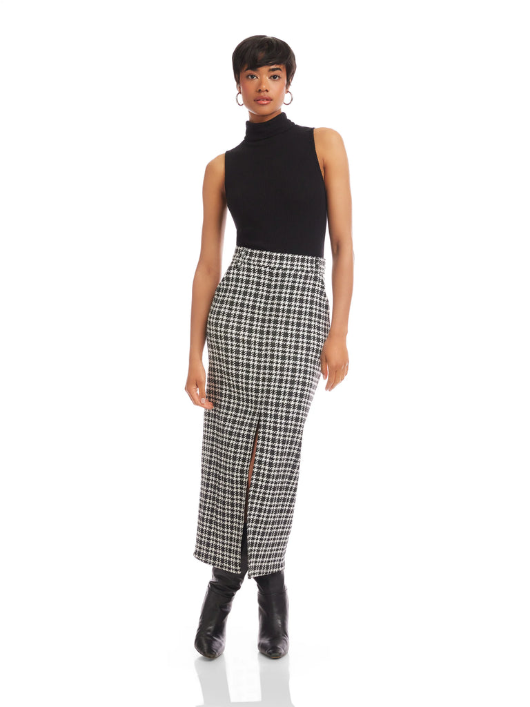 Elyce Houndstooth Front Slit Midi Skirt
