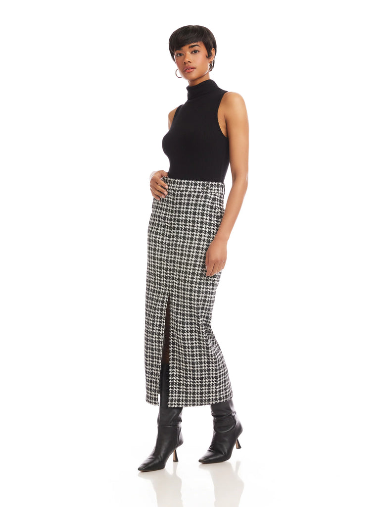 Elyce Houndstooth Front Slit Midi Skirt