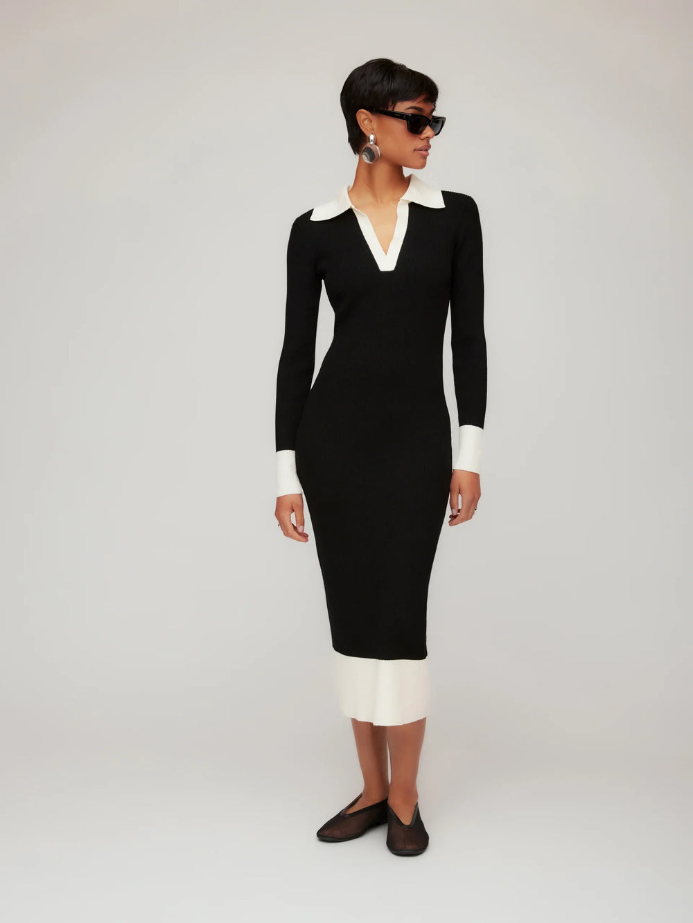 fitted lace wedding dress Fifteen Twenty Women's Belle Ribbed Polo Dress in Black and Cream 4F89250