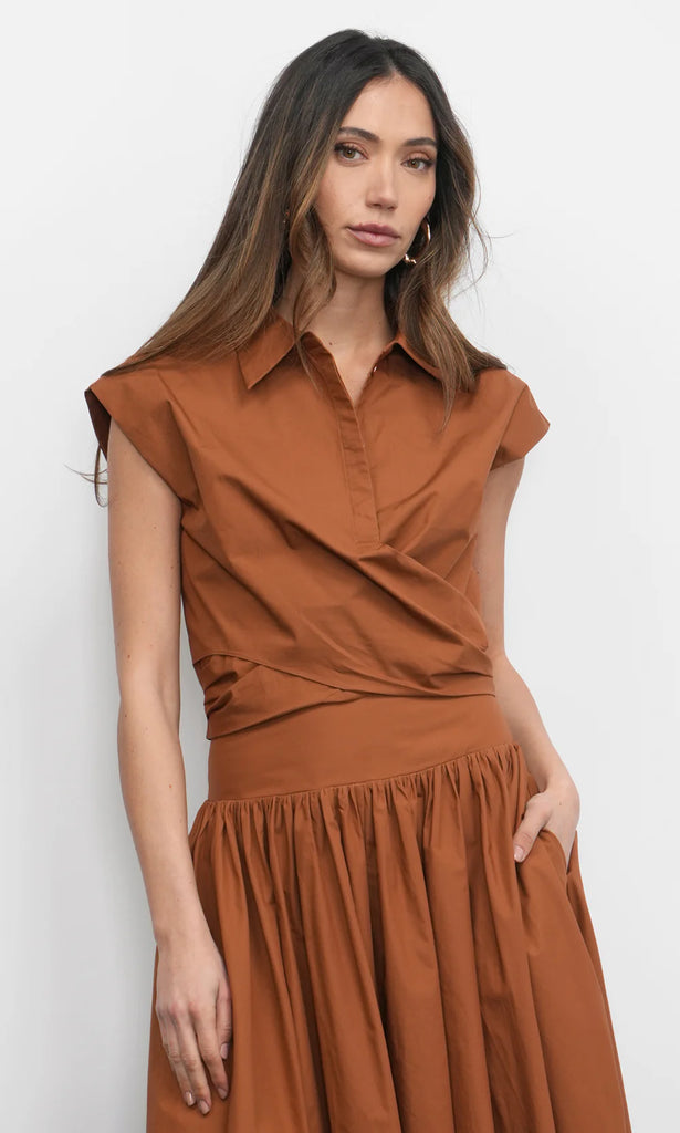 Eloise Wrap Front Extended Shoulder Poplin Top