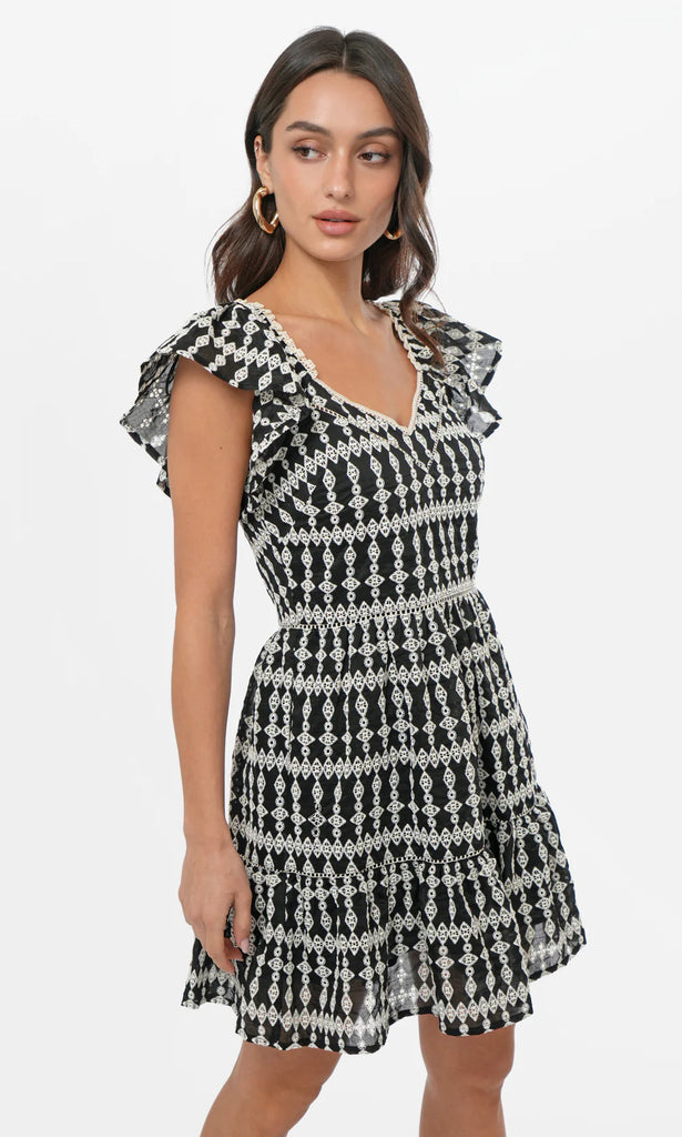 Katty Embroidery Eyelet Flutter Sleeve Mini Dress