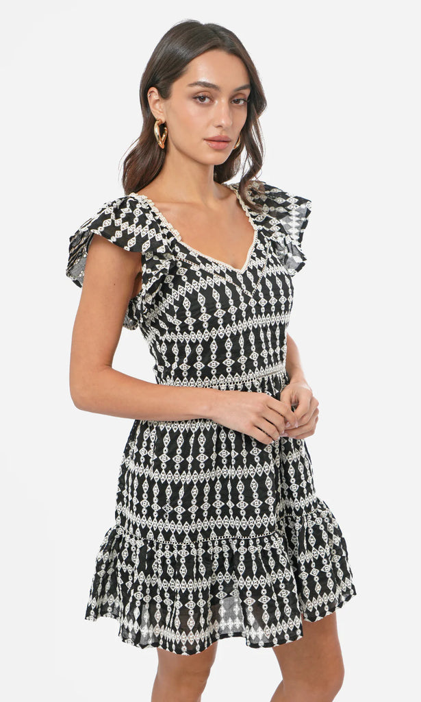 Katty Embroidery Eyelet Flutter Sleeve Mini Dress