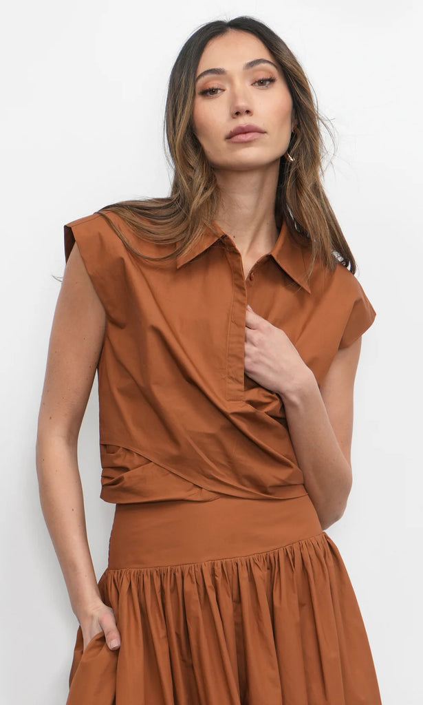 Eloise Wrap Front Extended Shoulder Poplin Top