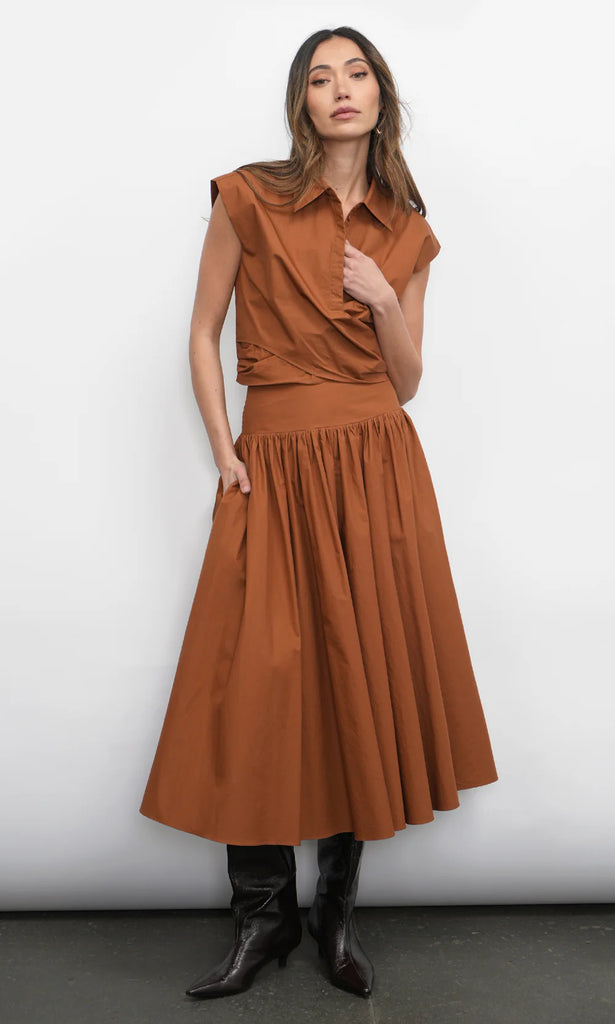 Eloise Wrap Front Extended Shoulder Poplin Top