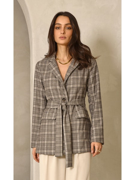 Indala Checked Waist Tie Blazer