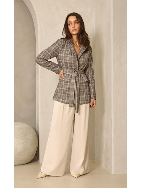 Indala Checked Waist Tie Blazer