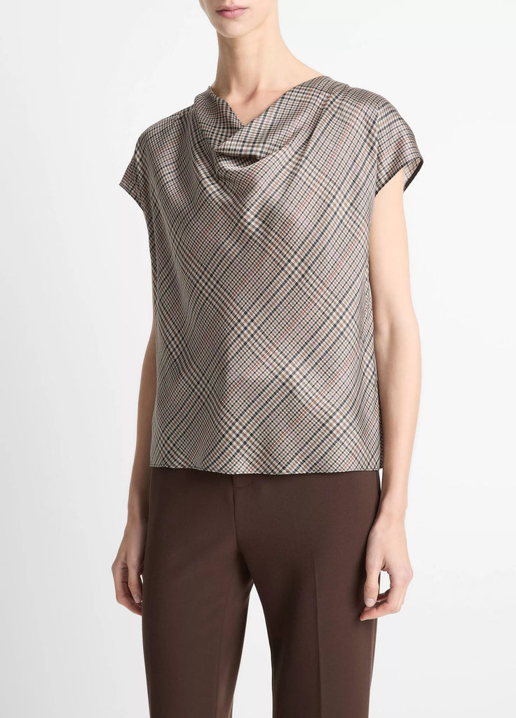 Pressed Plaid Silk Cowl-Neck Blouse