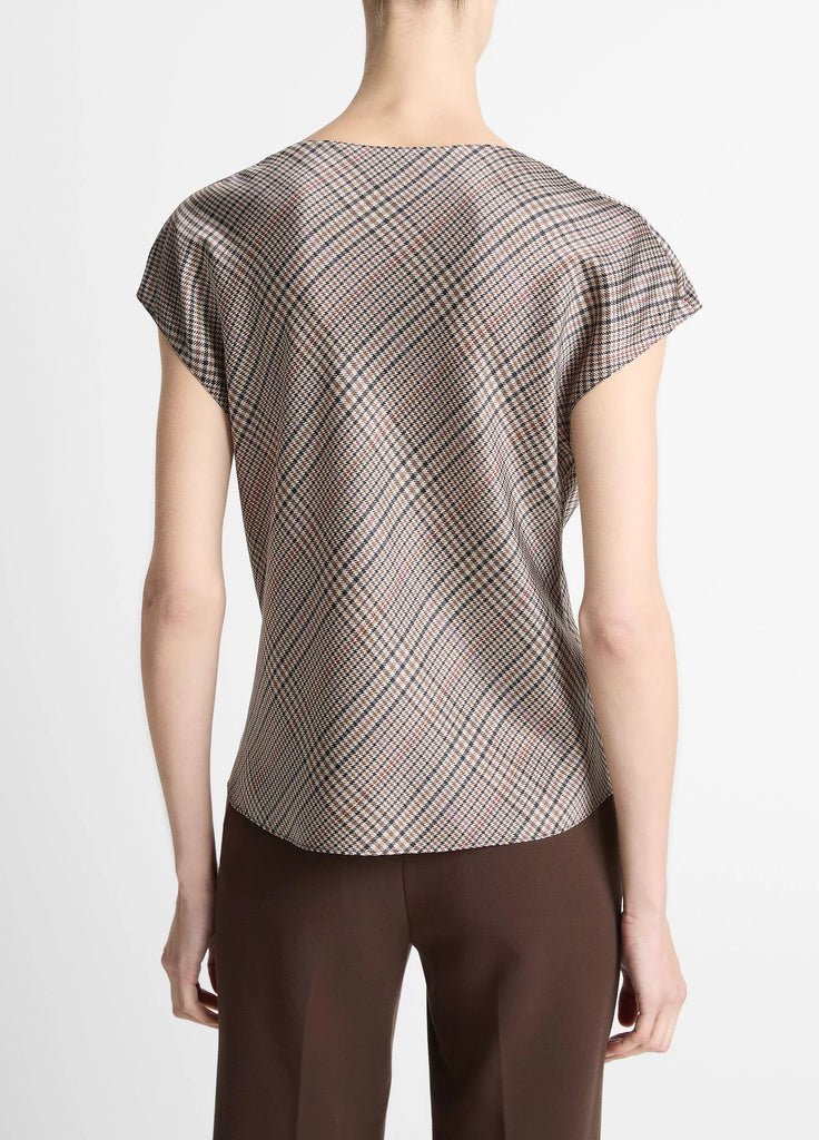 Pressed Plaid Silk Cowl-Neck Blouse