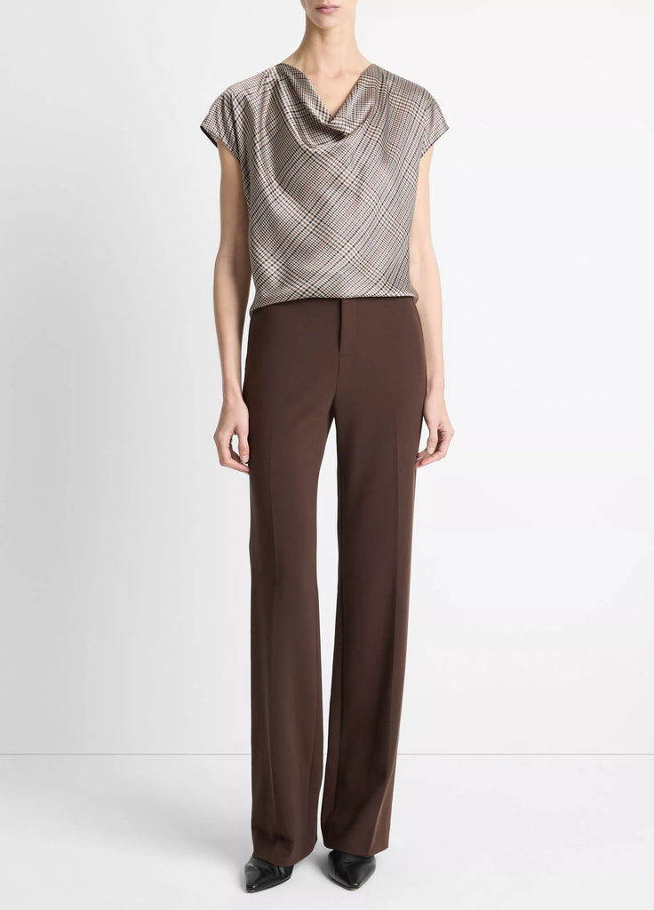Pressed Plaid Silk Cowl-Neck Blouse