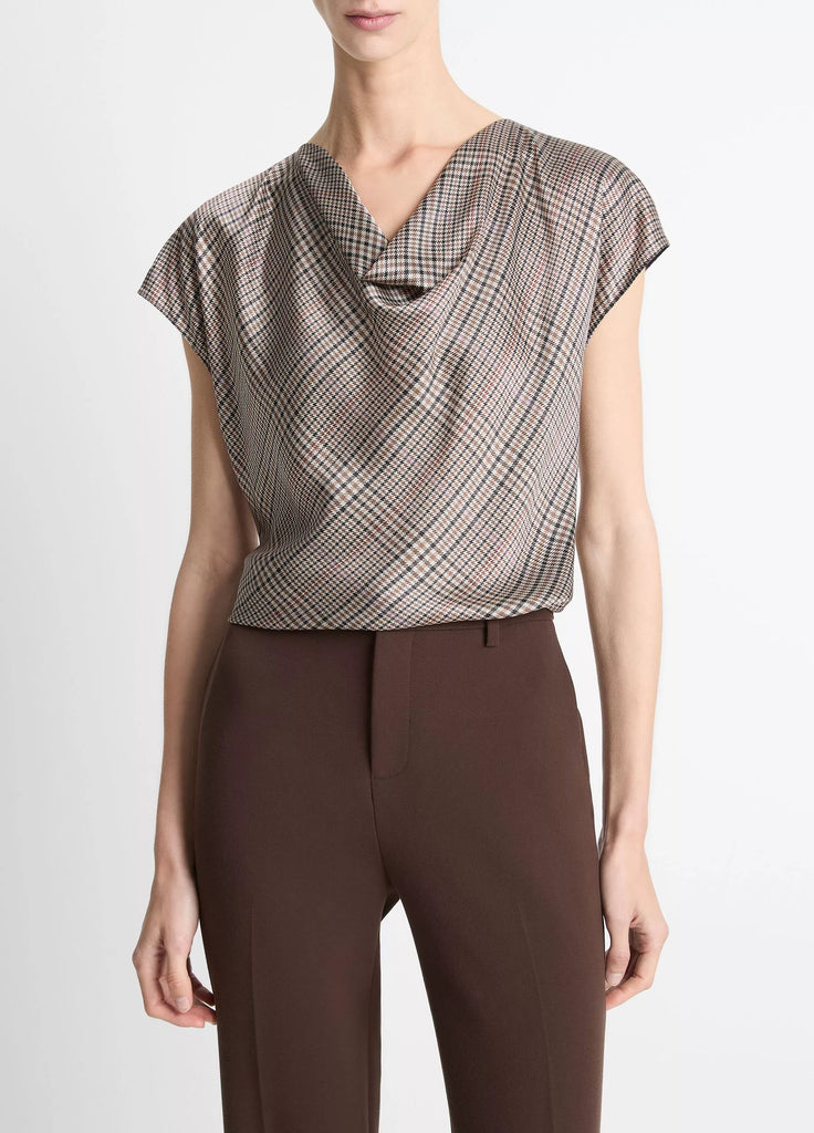Pressed Plaid Silk Cowl-Neck Blouse