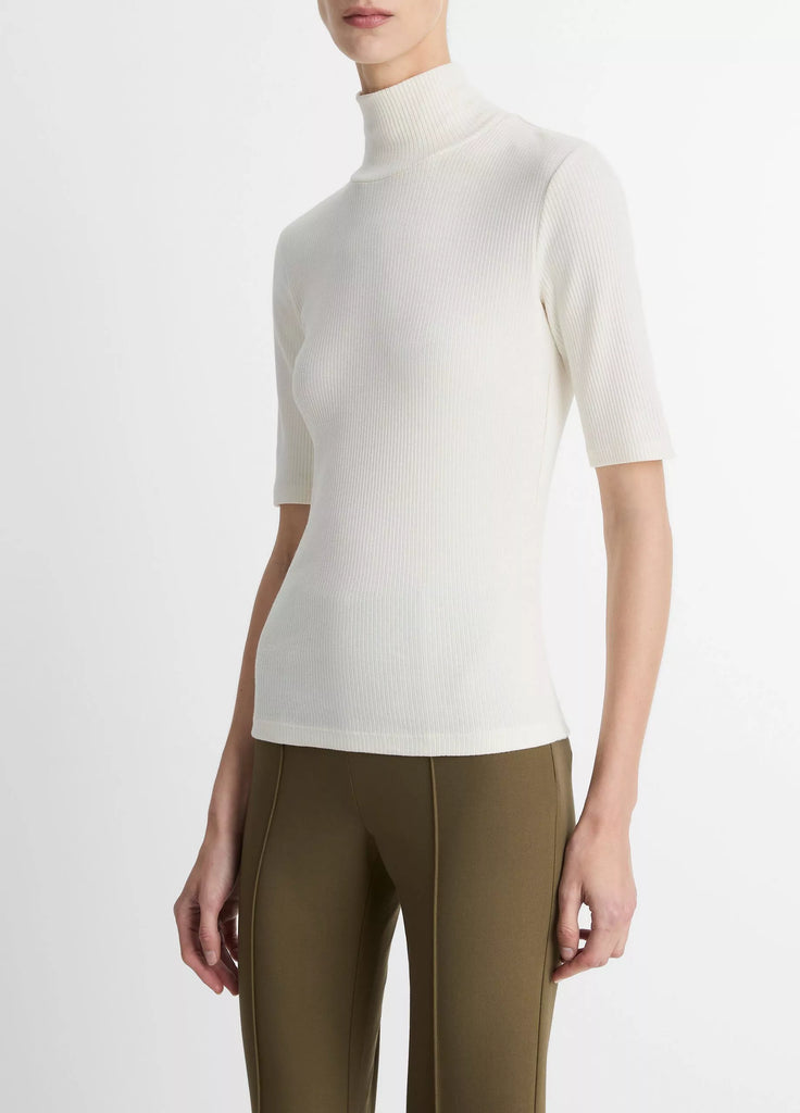 Ribbed Cotton Elbow-Sleeve Turtleneck Top