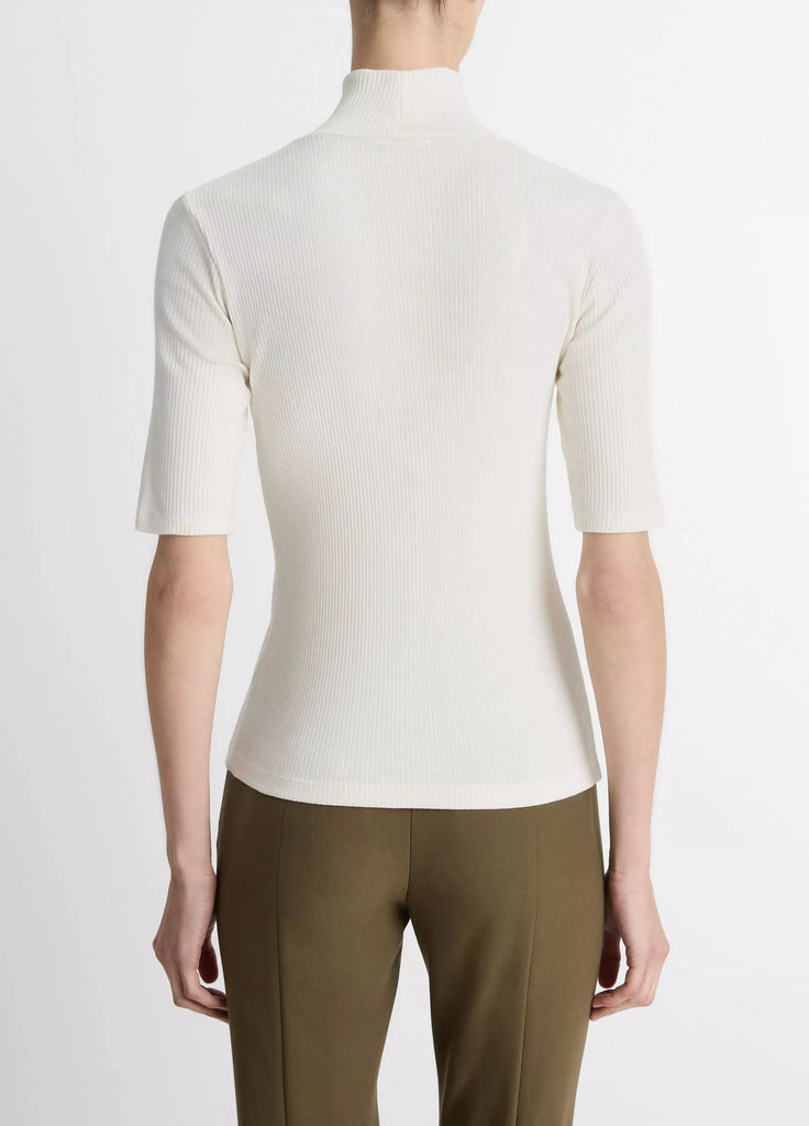 Ribbed Cotton Elbow-Sleeve Turtleneck Top