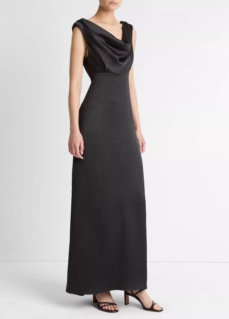 Satin Draped Cowl-Neck Maxi Dress
