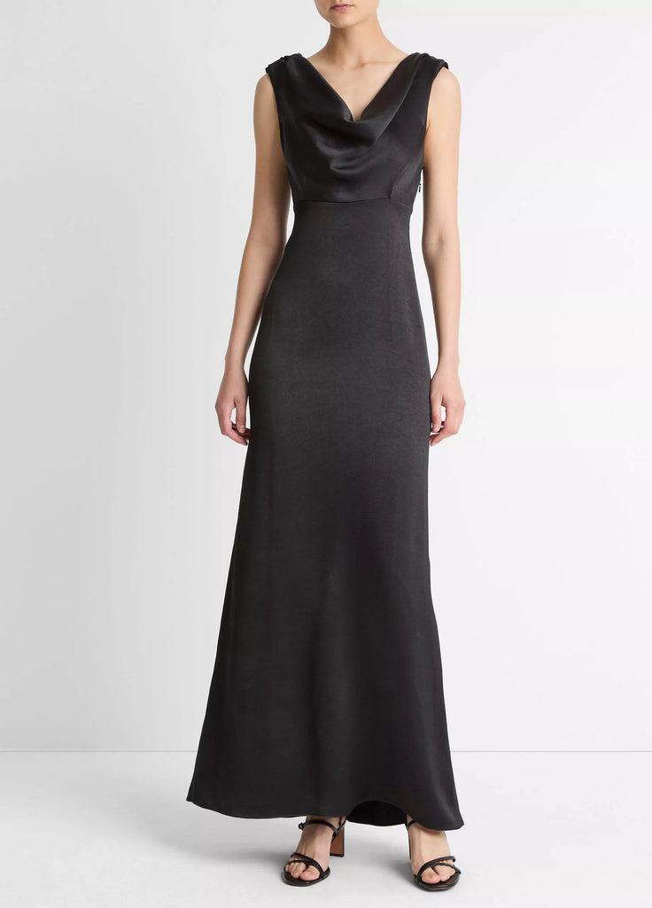 Satin Draped Cowl-Neck Maxi Dress