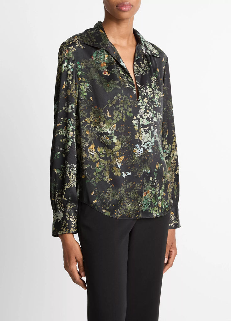Smocked Grape Vine Silk Long-Sleeve Blouse