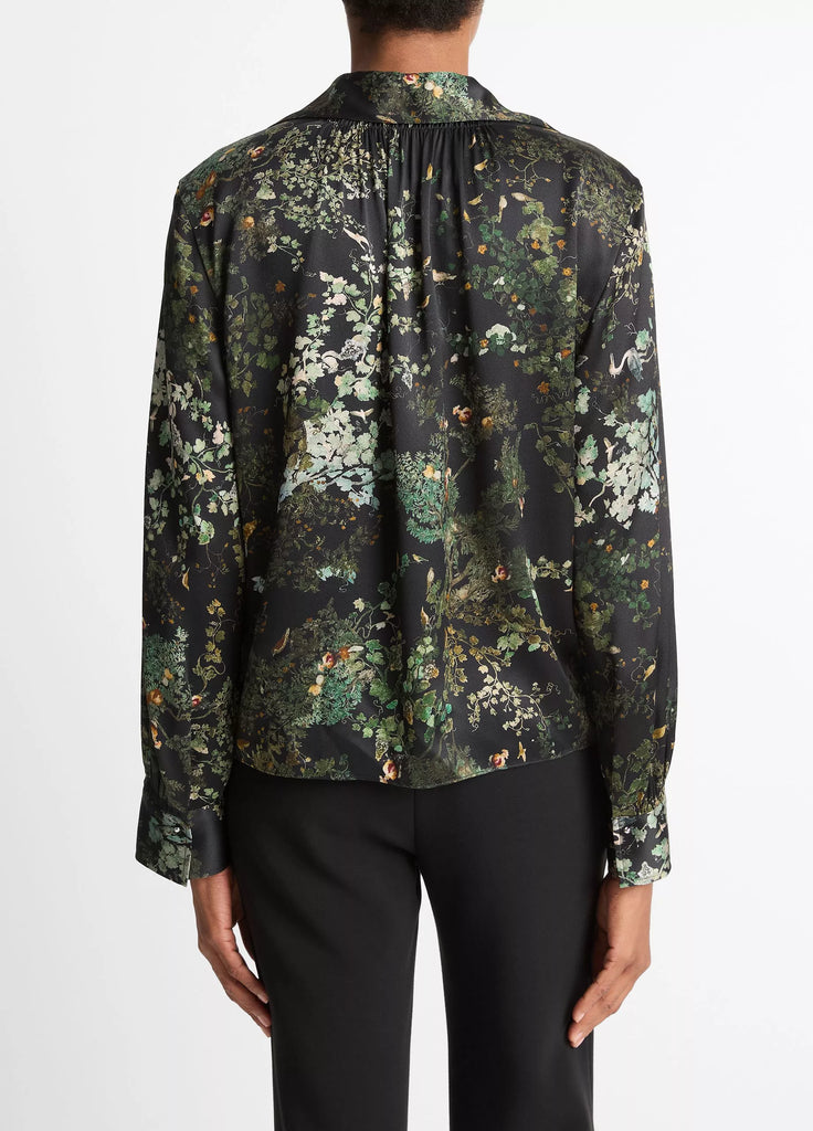 Smocked Grape Vine Silk Long-Sleeve Blouse
