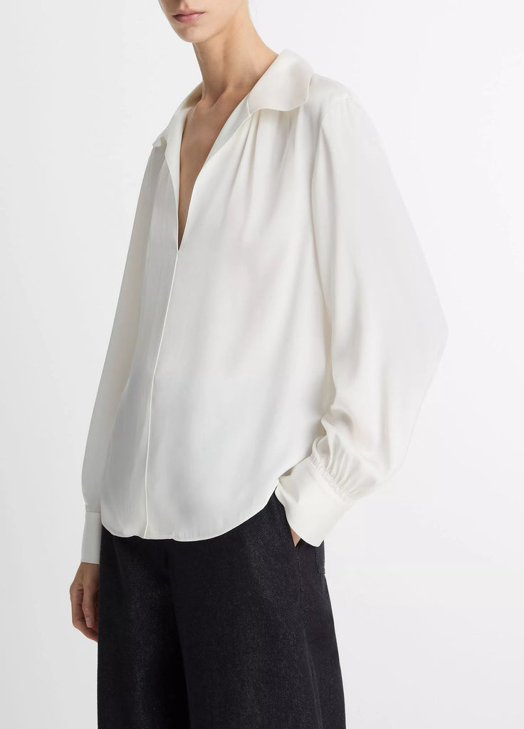 Smocked Silk-Blend Long-Sleeve Blouse