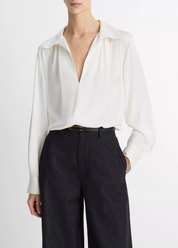 Smocked Silk-Blend Long-Sleeve Blouse