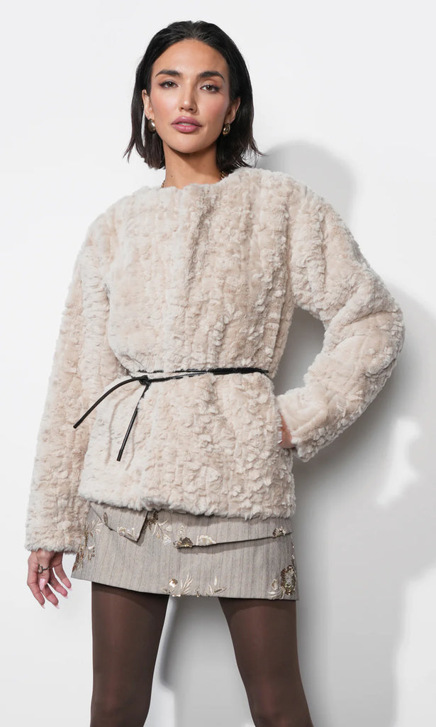 Yuri Collarless Faux Fur Jacket W/ Tie Belt